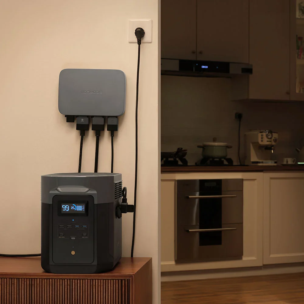 Power station with multiple outlets and a display in a kitchen setting